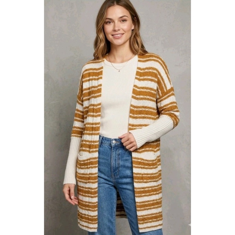 Striped Longline Cardigan Womens Medium‎ Mustard Yellow Fuzzy Knit Boho Cozy